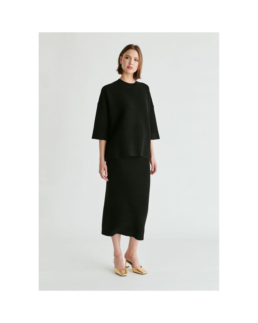 Paisie Black Mock Neck Cropped Sleeve Ribbed Jumper