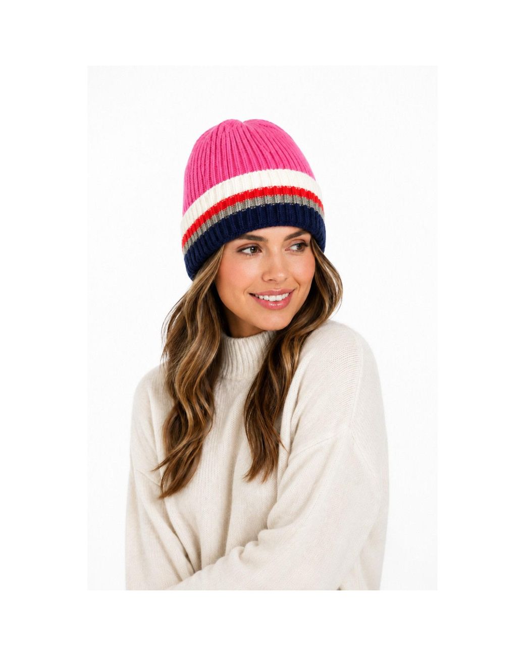 Saachi Pink Striped Ribbed Knit Beanie