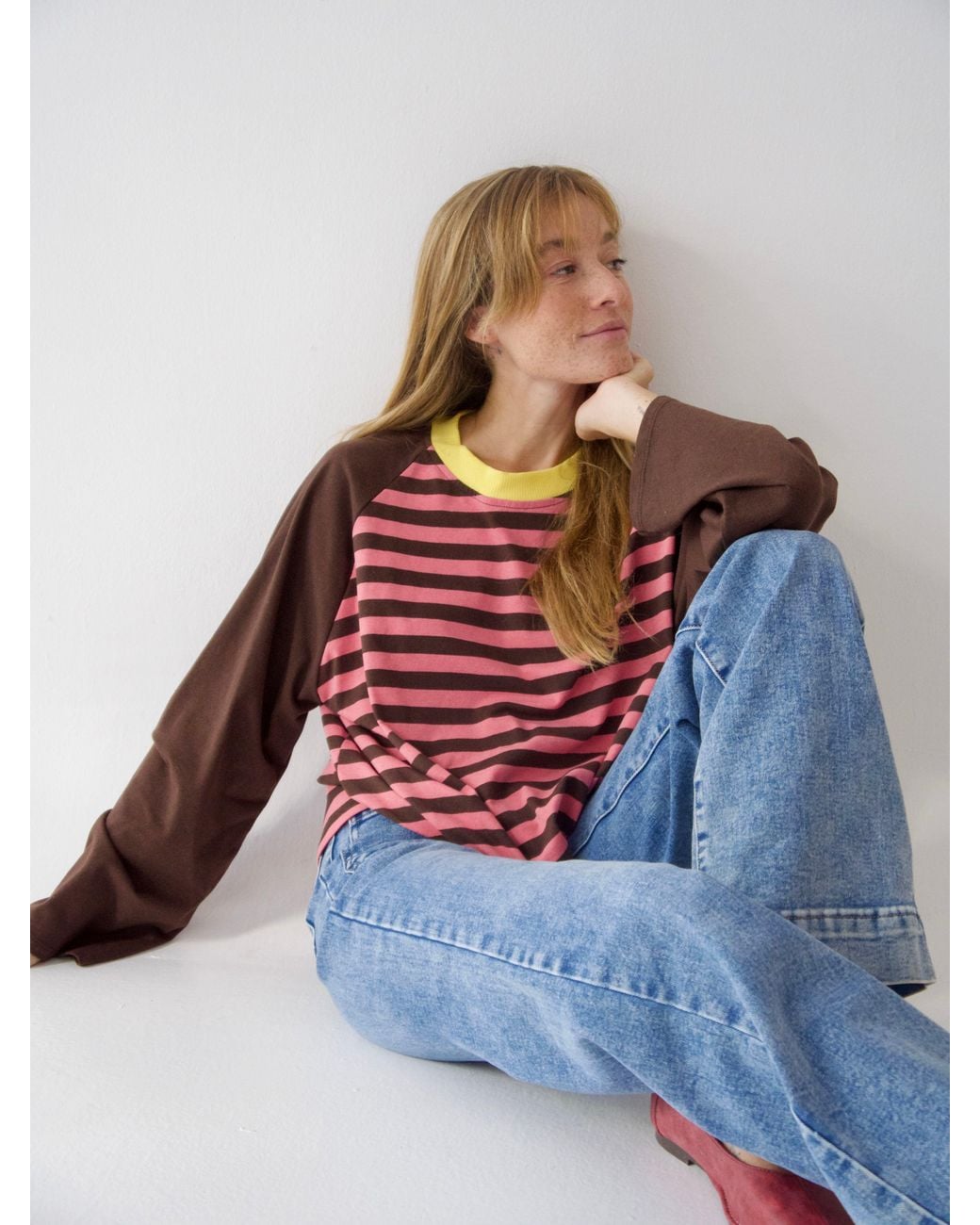 Mind Traveler Red Striped Long Sleeve Carla Top With Contrast Neck
