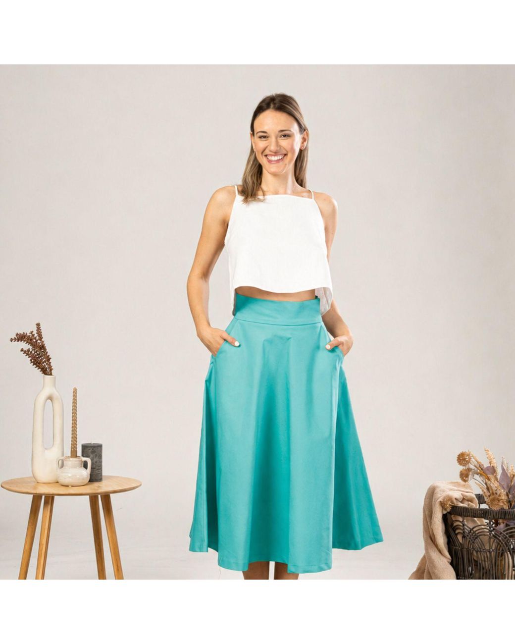 Nikka Place Blue Summer Cotton Midi Skirt With Pockets