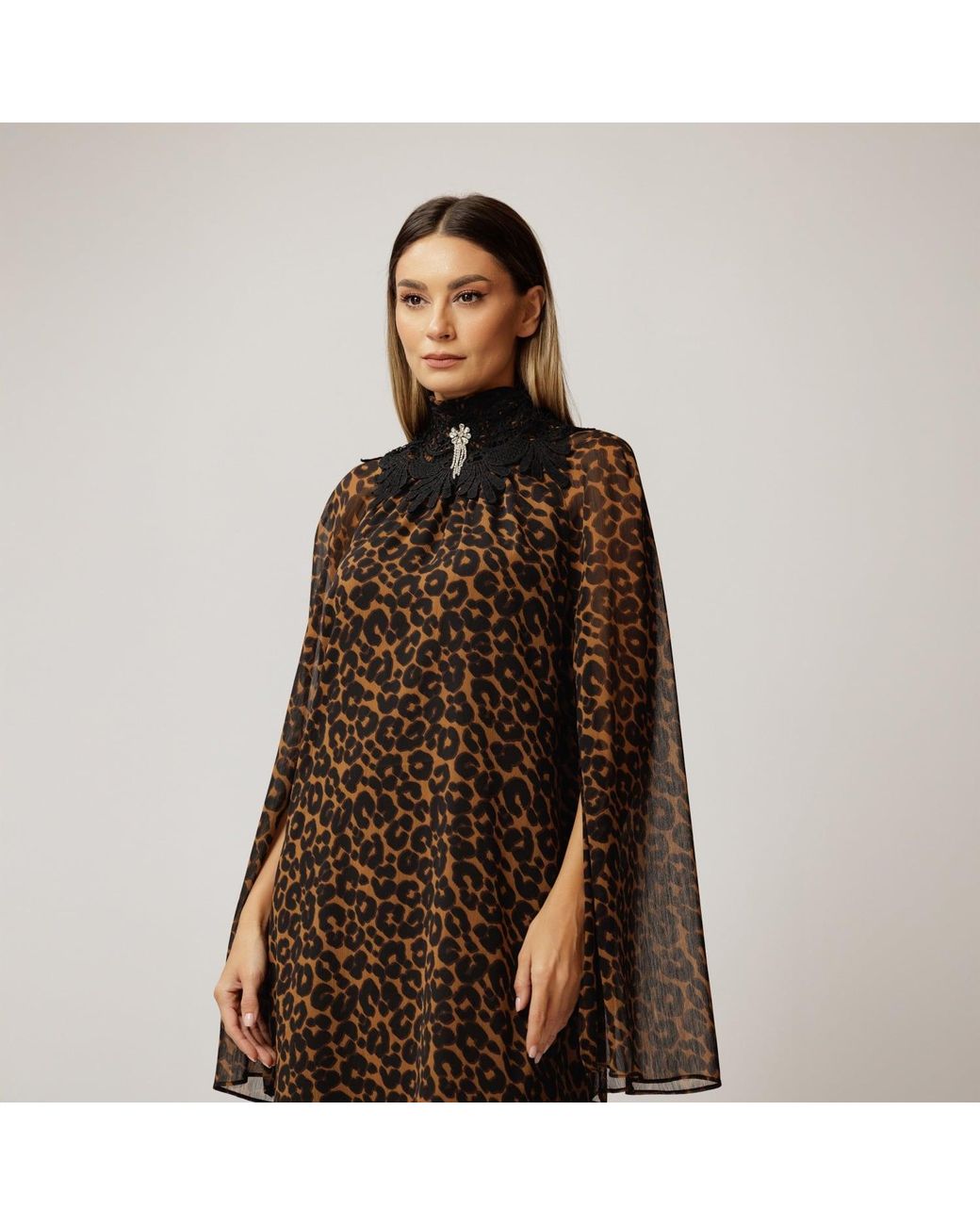 concept A trois Brown Leopard Midi Dress With Wide Sleeves