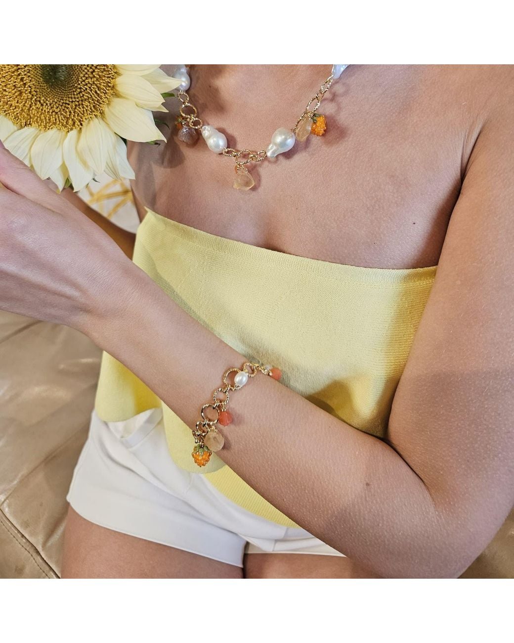Farra Metallic Spring Garden Raspberry And Citrine Pearl Chain Bracelet