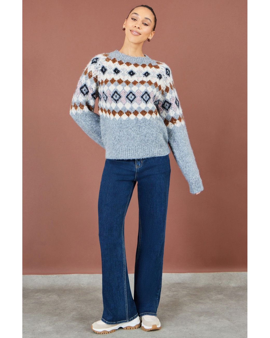 Yumi' Gray Fairisle Wool Blend Relaxed Jumper