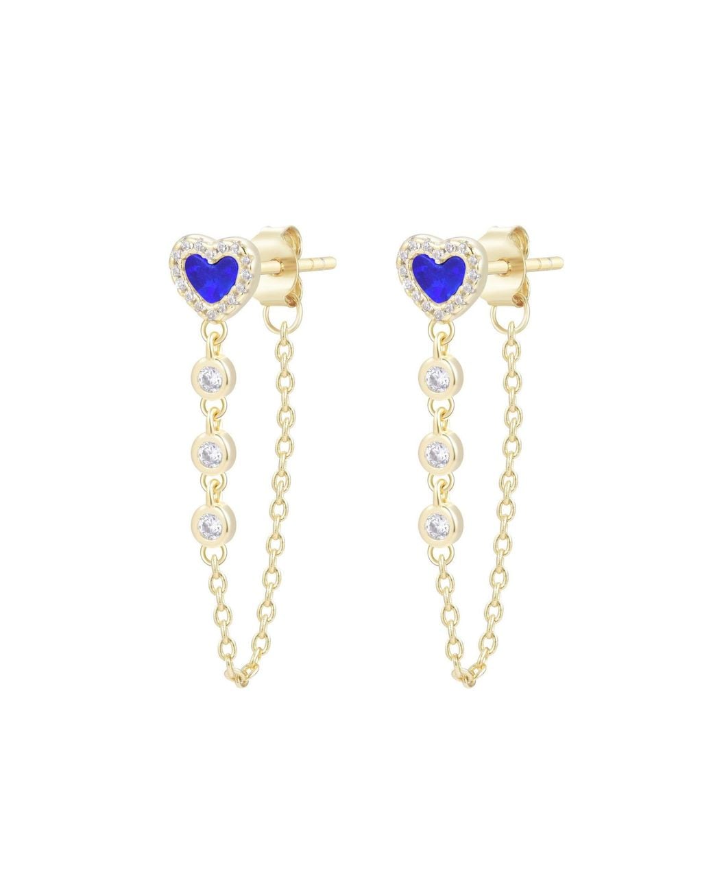 KAMARIA Blue Heart Chain Stud Earrings With Crystals
