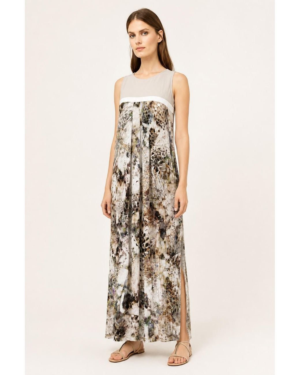 Conquista Natural Pleated Print Maxi Dress
