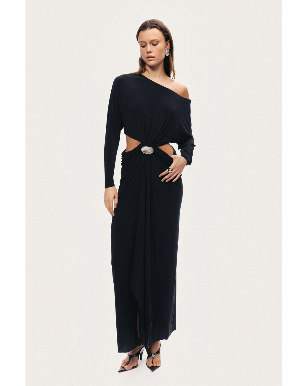 Nocturne Black One-Shoulder Cut-Out Maxi Dress