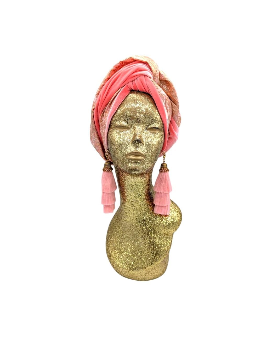 Julia Clancey Red Golden Brocade & Coral Velour Luxe Swinglette Turban