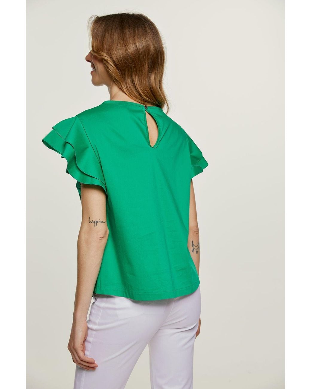 Conquista Green Sleeveless Frill Detail Cotton Poplin Top