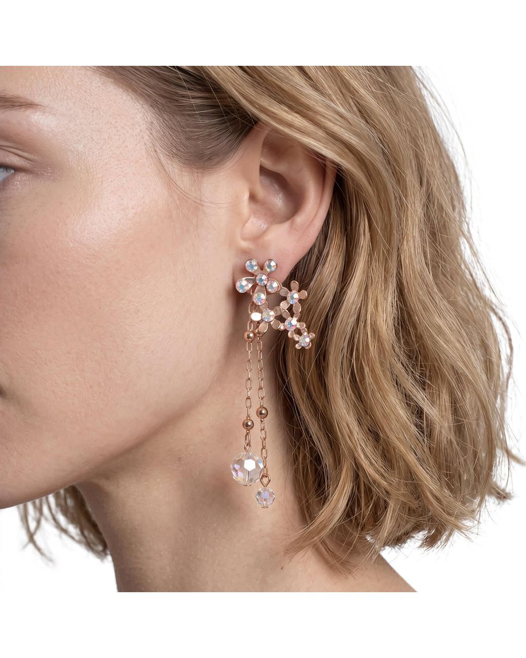 Modenaire Pink Crystal Flower Drop Earrings With Dangle Chains