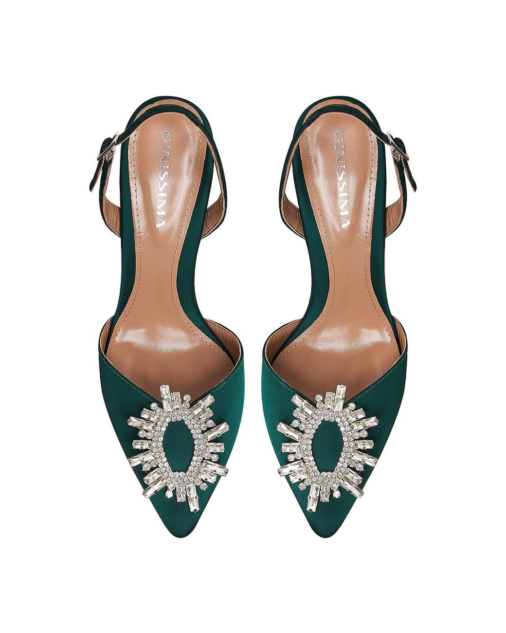 Ginissima Green Alice Emerald Shoes With Crystal Brooch