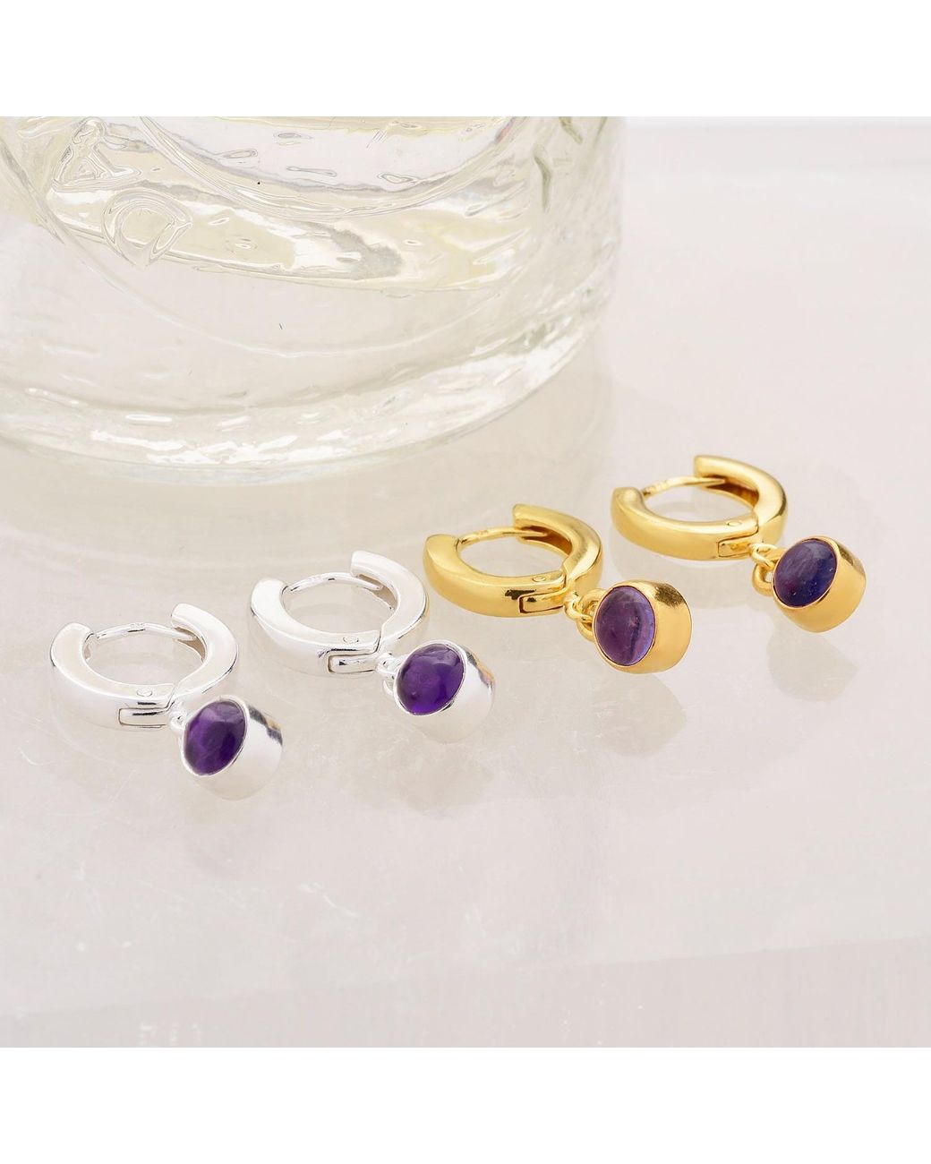 Nellou Jewellery Metallic Gem Hoop Birthstone Earrings February Plated Sterling