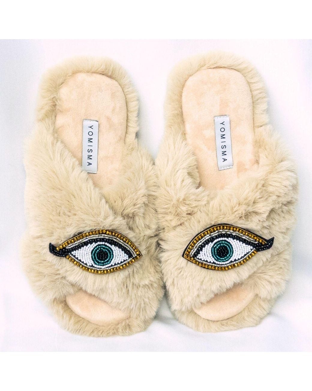Yomisma Natural Neutrals Eco Faux Fur Slippers – Recycled Faux Fur + Evil Eye Embellishment