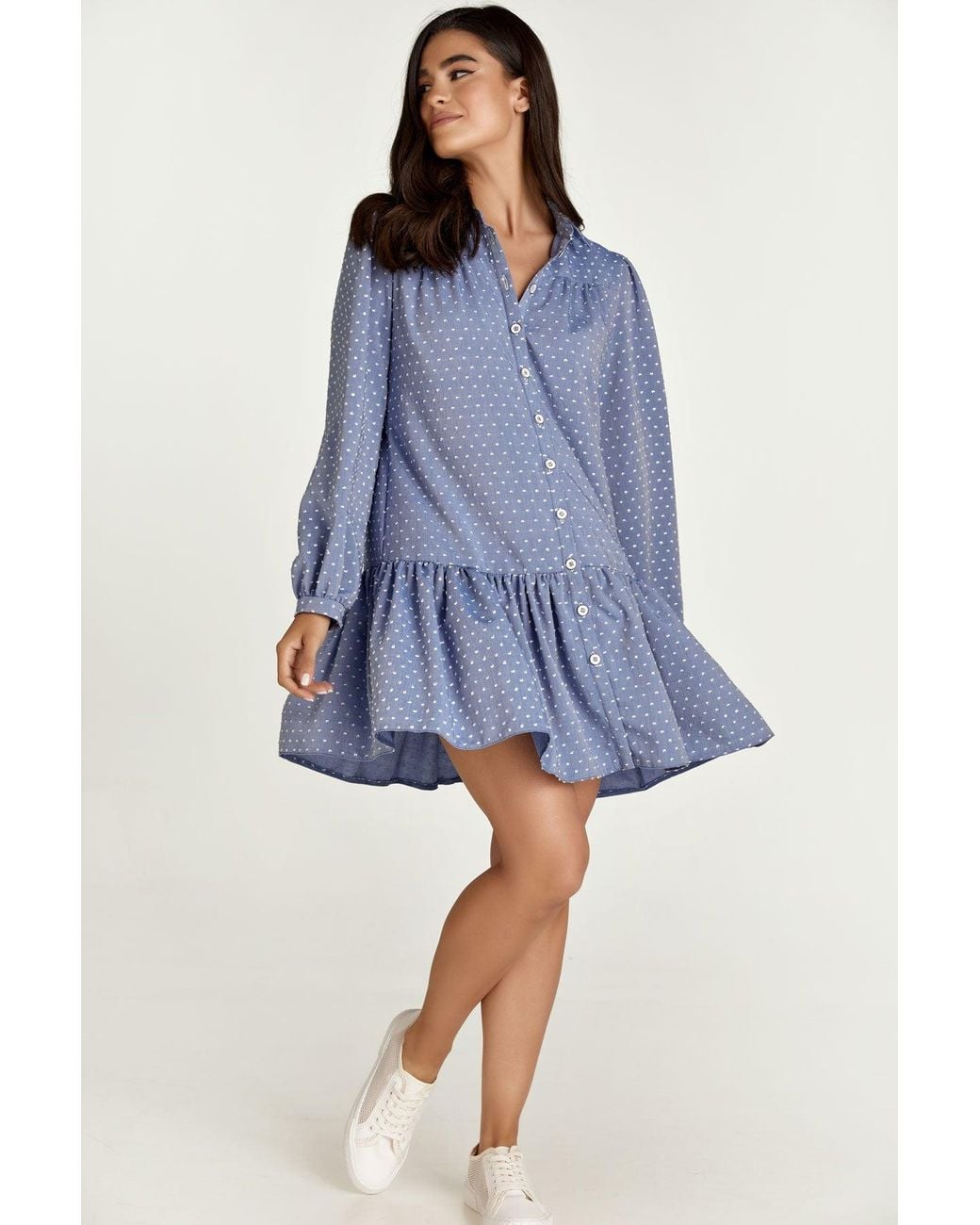 Conquista Blue Denim Style Embroidered Dress With Buttons