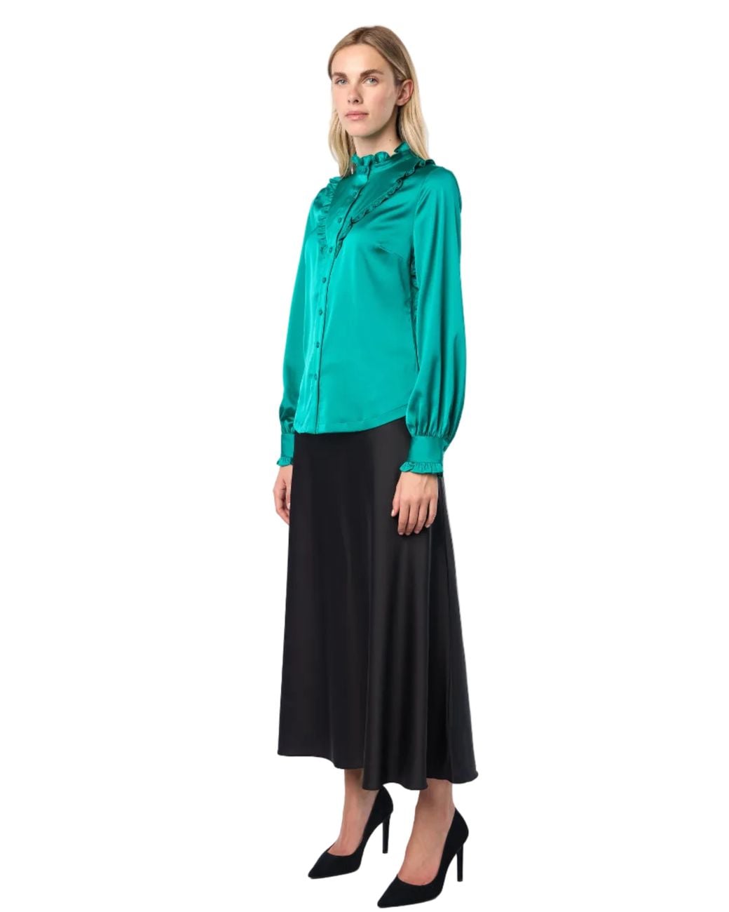 Carloslines Green Ruffle Stand Collar Long Sleeve Shirt