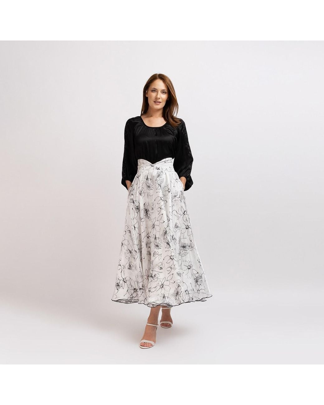IZABELA MANDOIU White Floral Midi Viscose Skirt