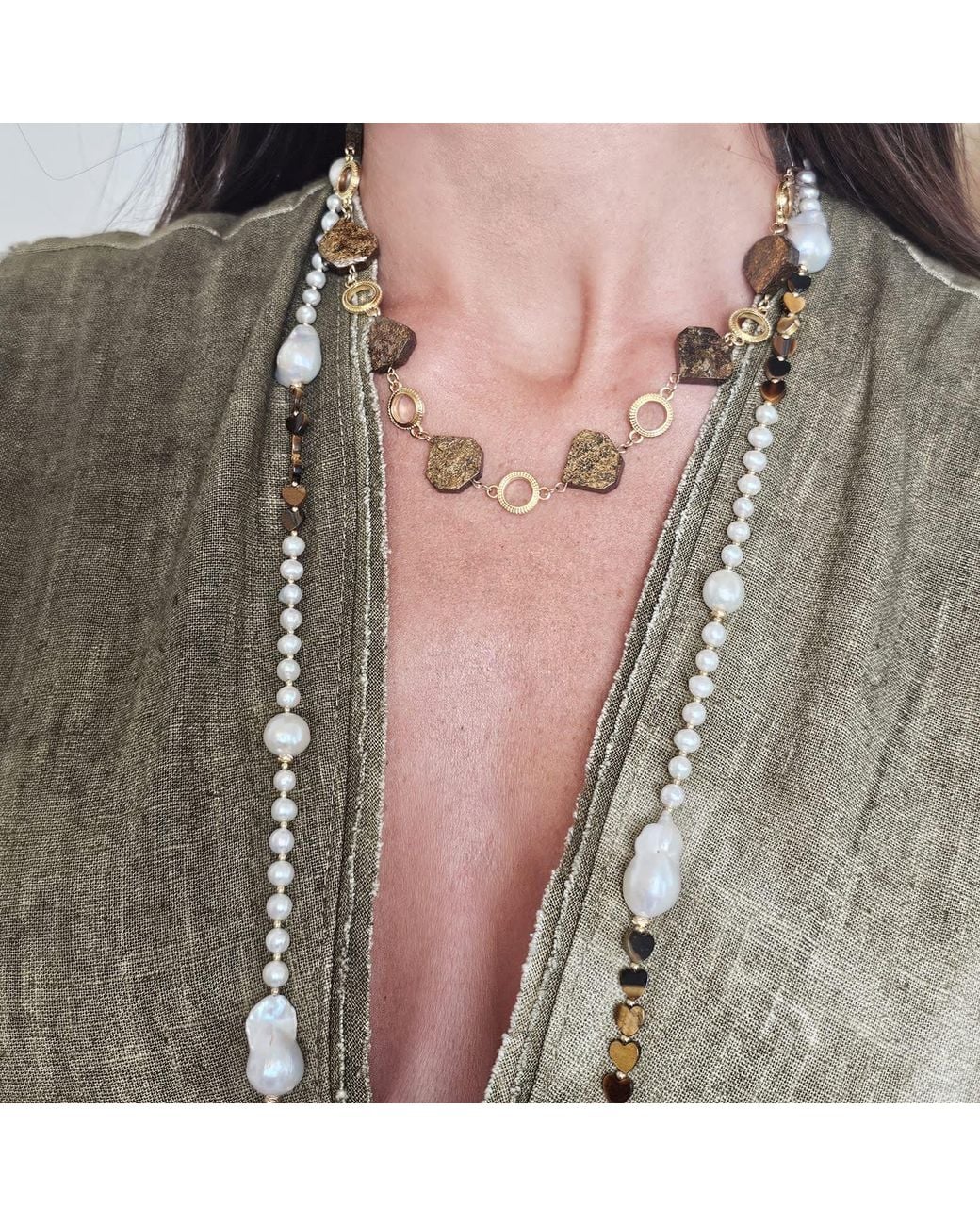 Farra Metallic Baroque Freshwater Pearls With Heart Tiger-Eye Stone Long Necklace