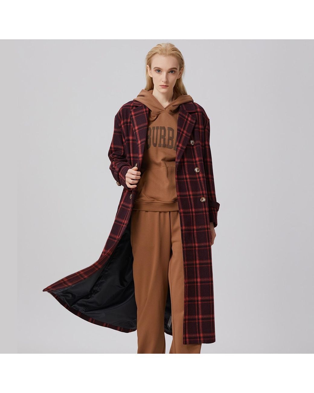 Smart and Joy Red Double Breasted Checks Coat