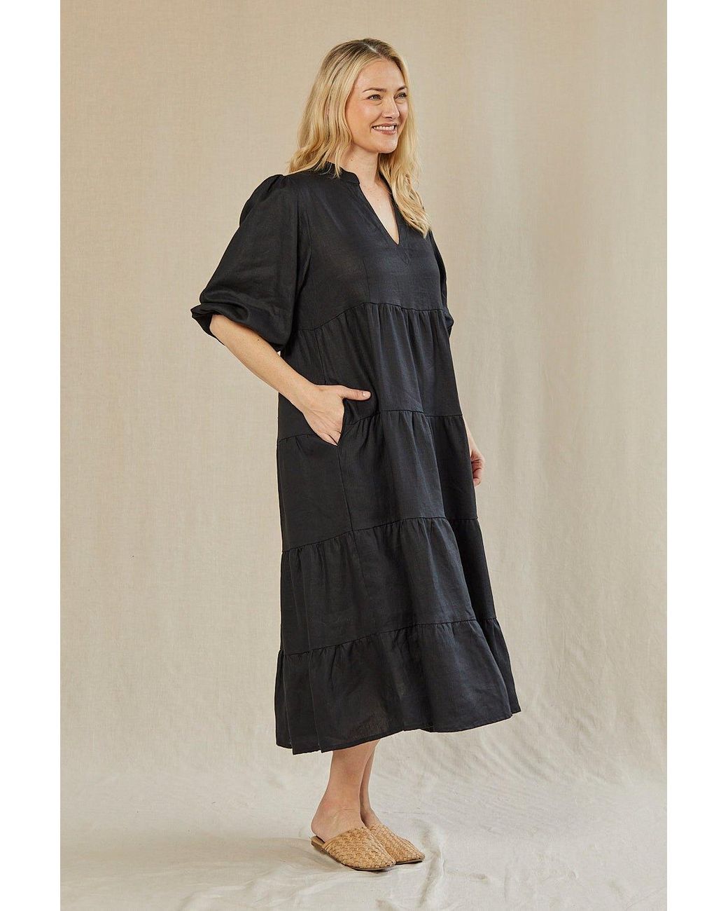 Adrift Clothing Black Sabre Linen V-Neck Dress