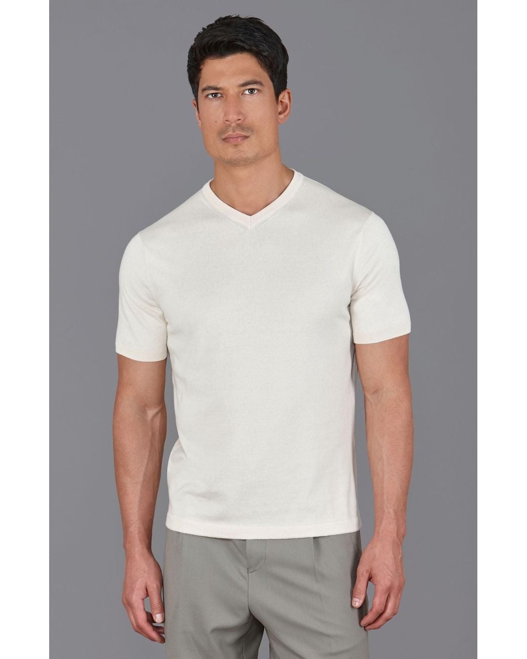 Paul James Knitwear White Neutrals Ultra Fine Cotton Hudson High V Neck Knitted T-Shirt for men