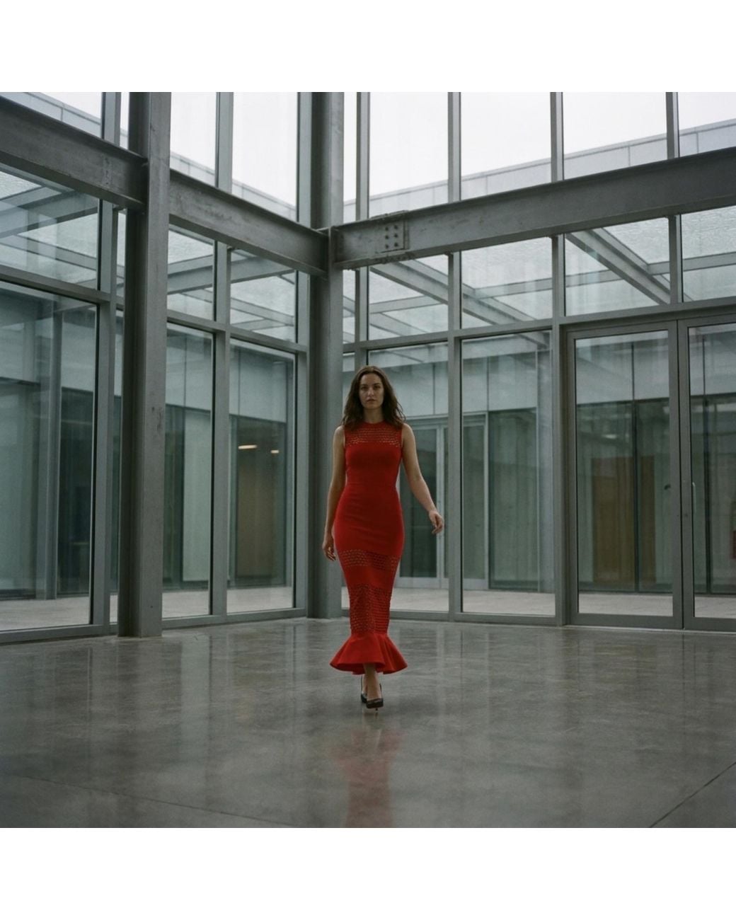 Modenaire Red Sleeveless Knit Midi Dress With Mesh Detail