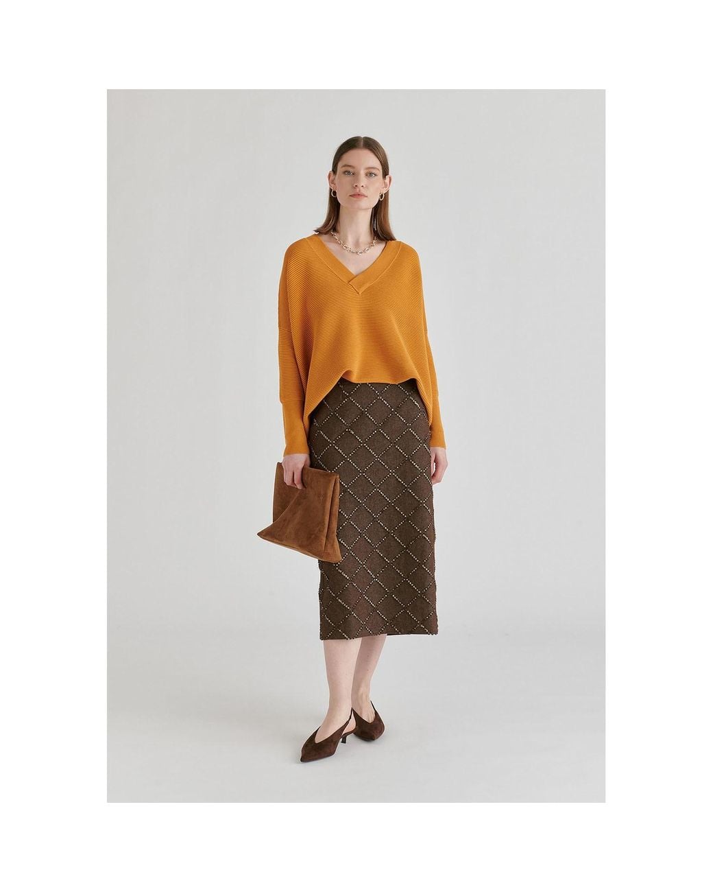 Paisie Orange V-Neck Ribbed Jumper