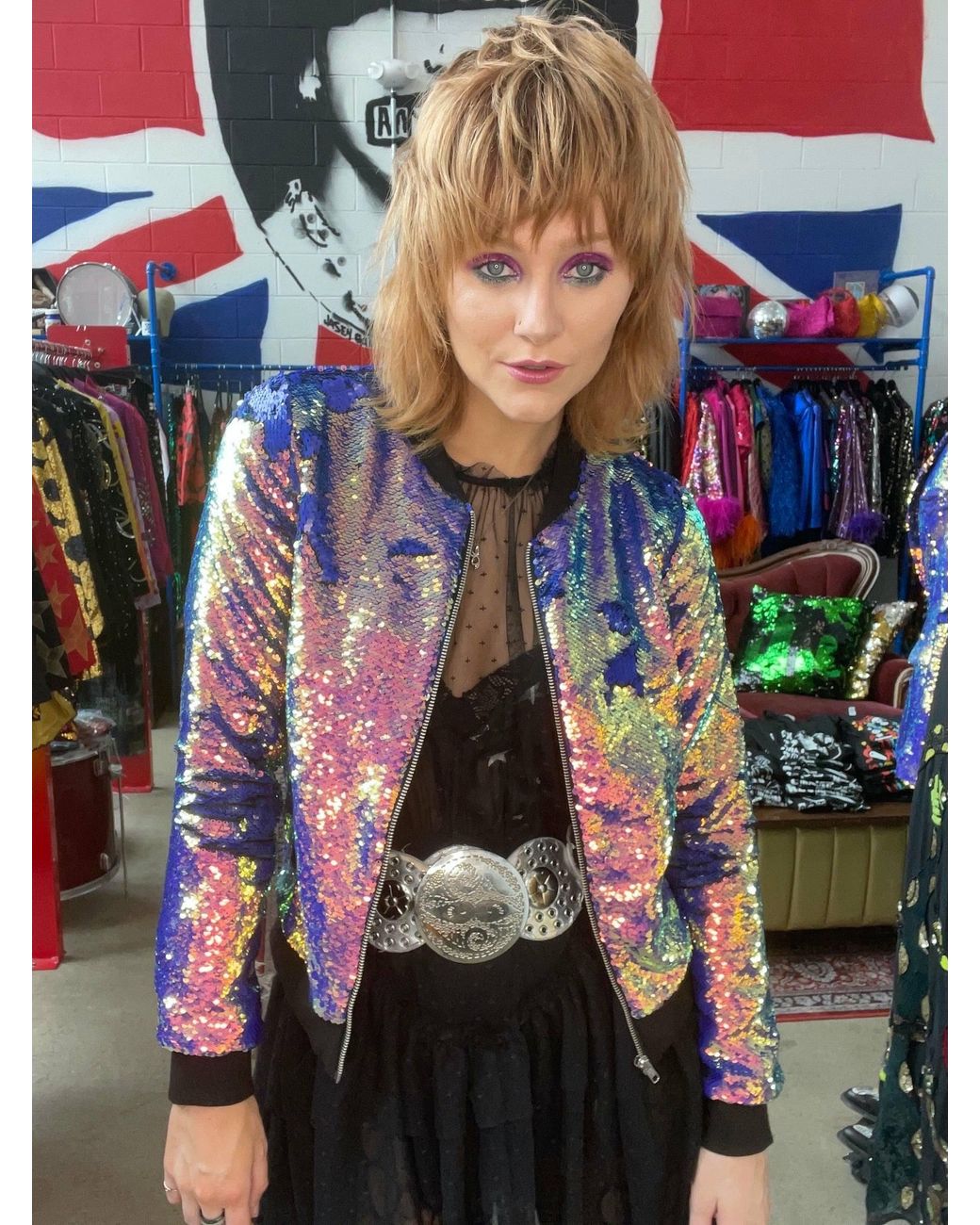 Any Old Iron Blue Oil Slick Sequin Bomber Jacket