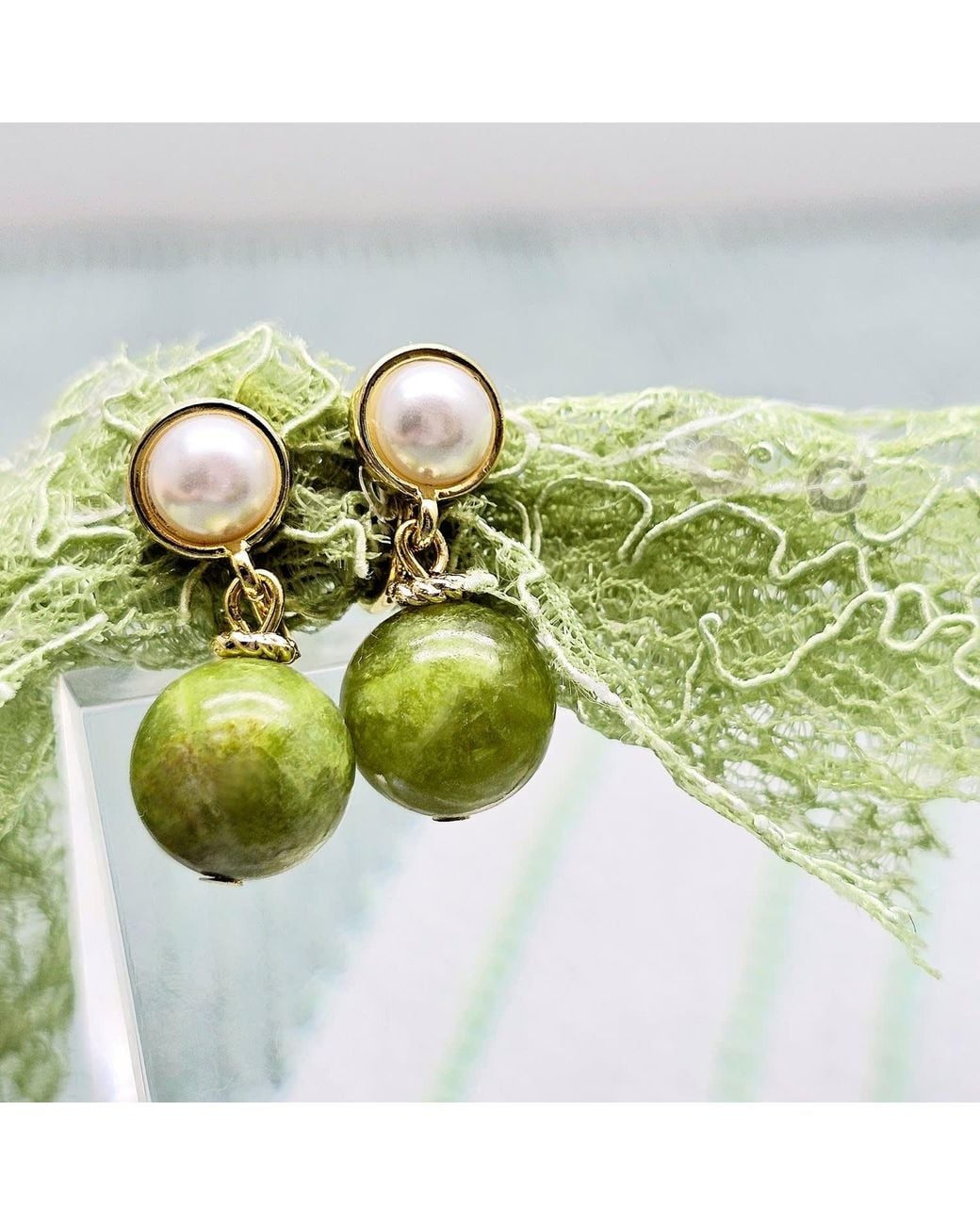 Farra Green Classic Opal Dangle Clip-On Earrings