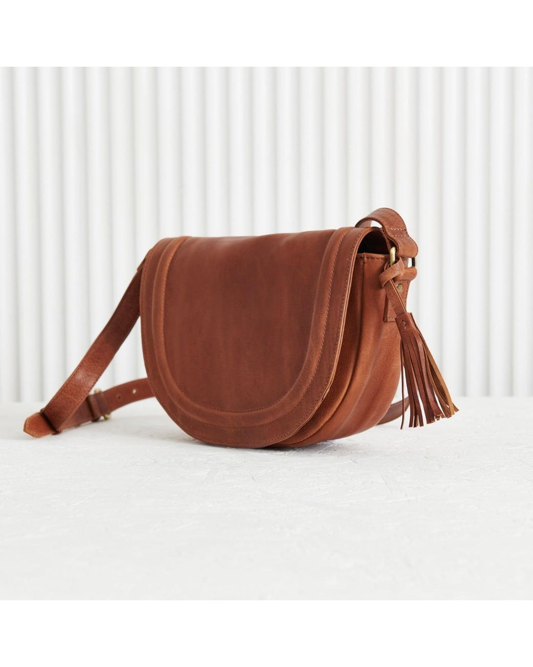 VIDA VIDA Brown Luxury Soft Leather Saddle Bag With Tassel Tan