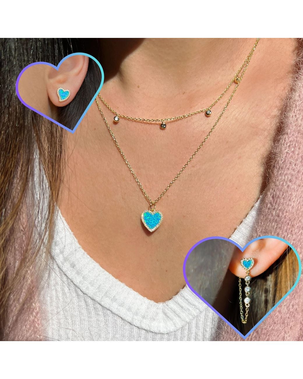 KAMARIA Blue Heart Chain Stud Earrings With Crystals
