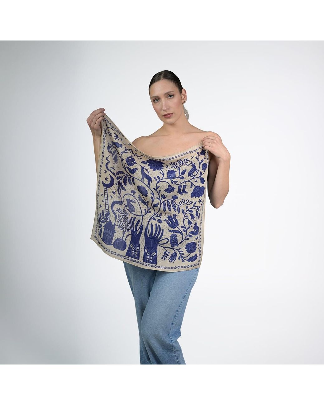 Silk&Soul Blue Neutrals Folk Motif Silk Scarf