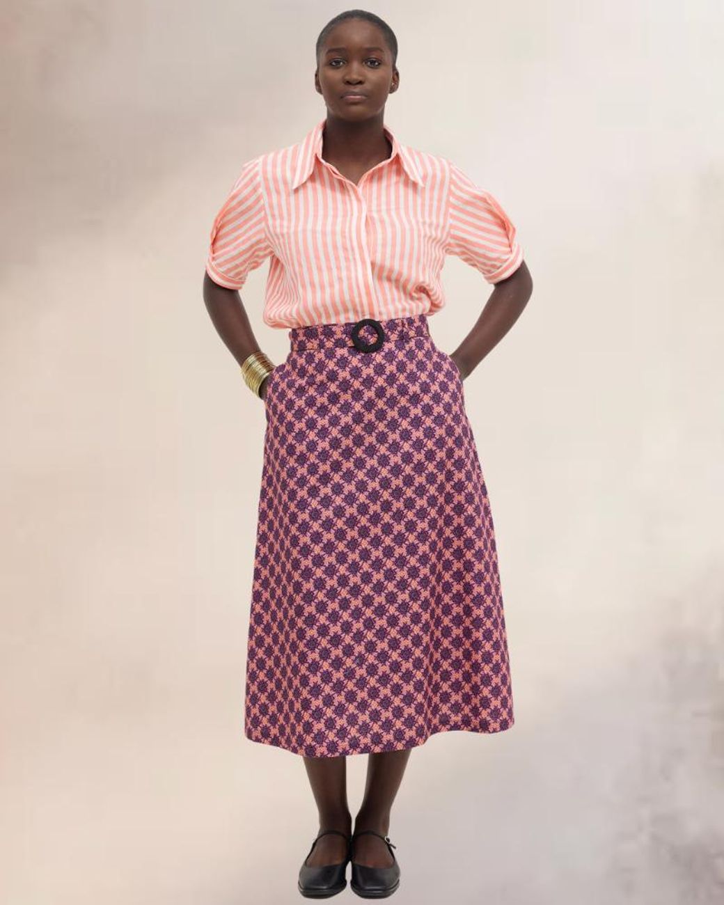 IN OUR NAME Purple Kipipiri Printed Coral Midi Skirt With Beaded Buckle