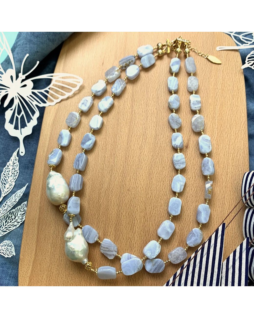 Farra Blue Lace Agate Double Strands Statement Necklace