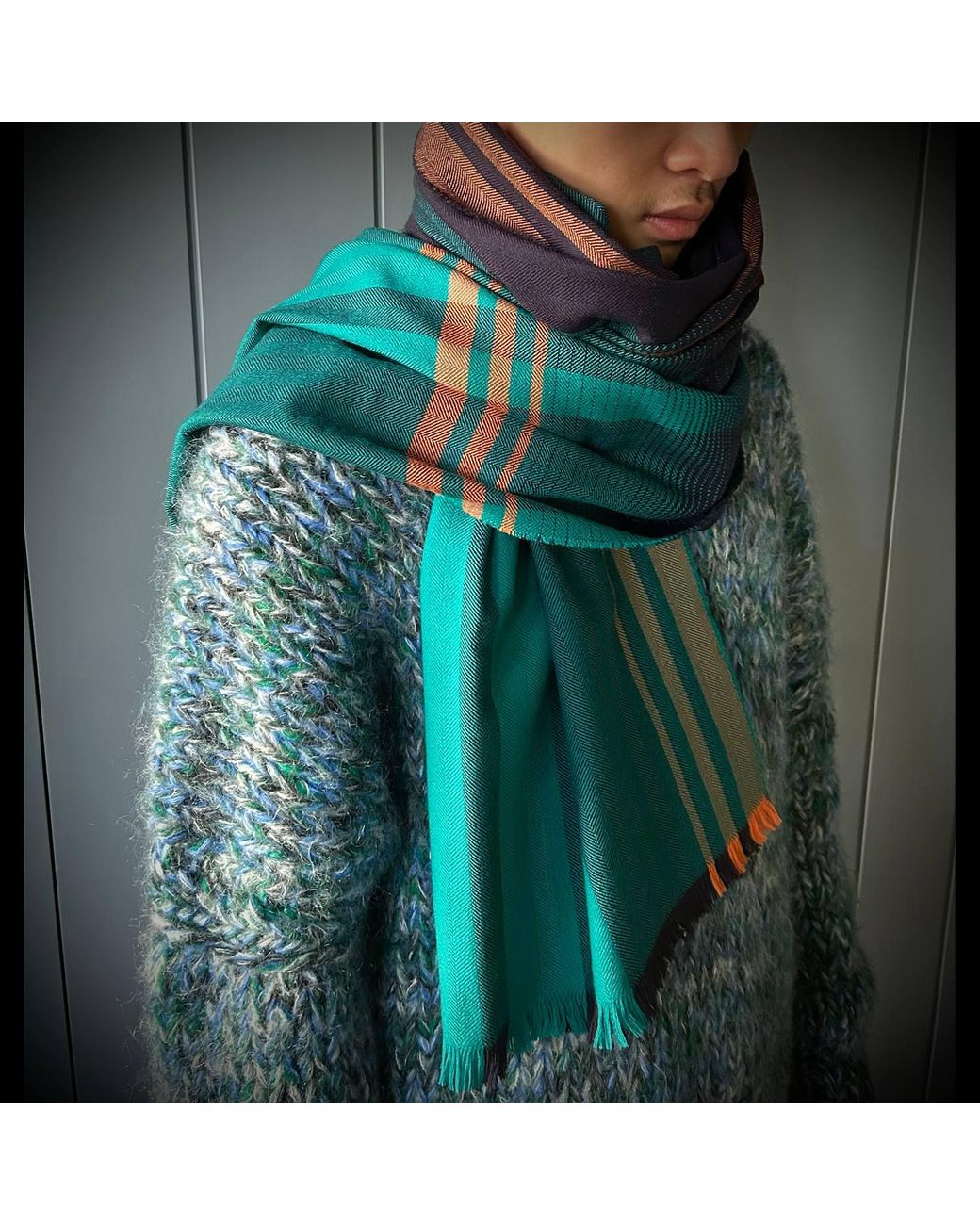 Essien & Emre Green Checked And Stripe Merino Scarf for men