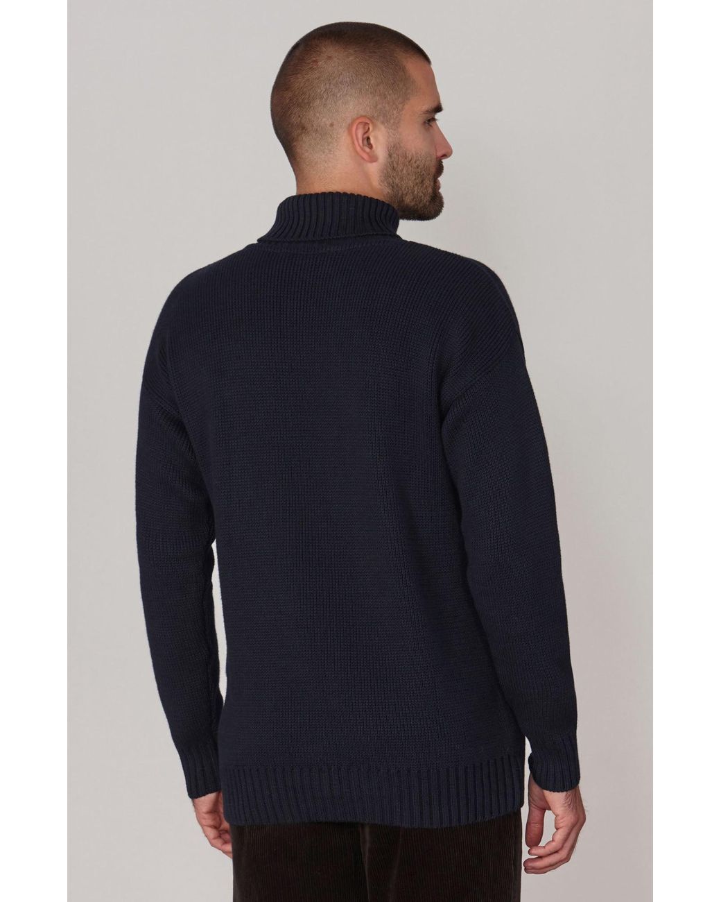 Paul James Knitwear Blue Heavyweight Cotton Arthur Submariner Roll Neck Jumper for men