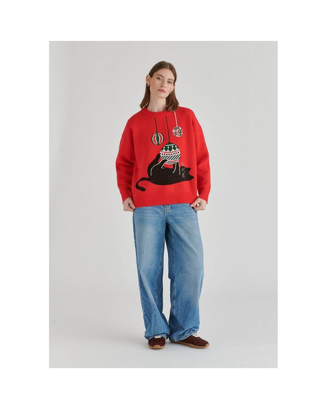 Paisie Red Christmas Jumper With Cat And Baubles