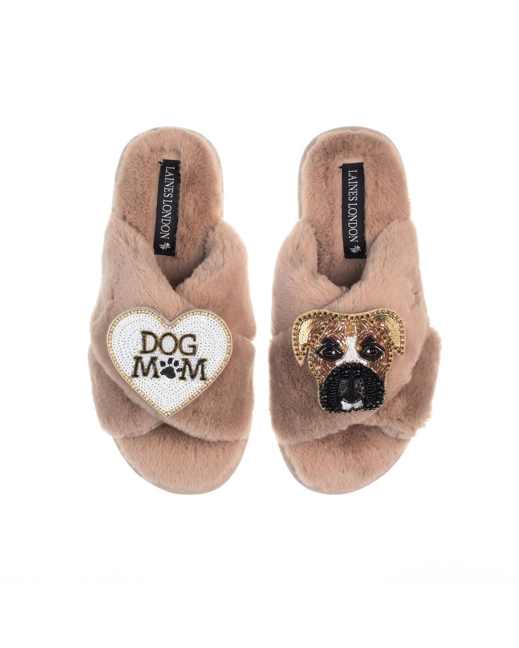 Laines London Brown Classic Laines Slippers With Pip The Boxer & Dog Mum Mom Brooches