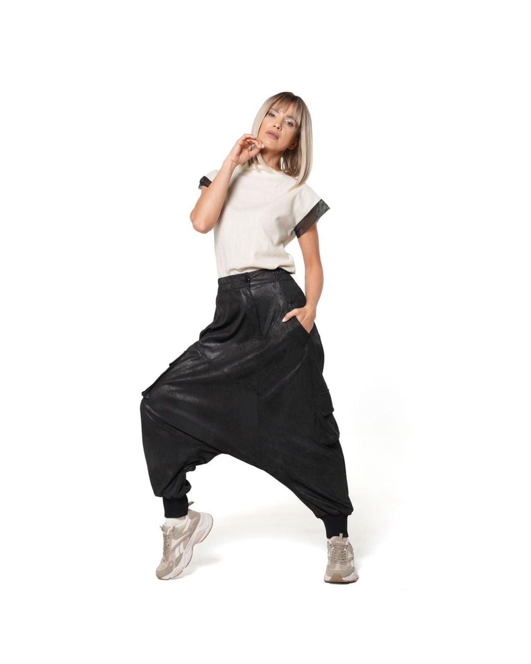 Metamorph Black Faux Suede Drop Crotch Trousers With Cargo Pockets