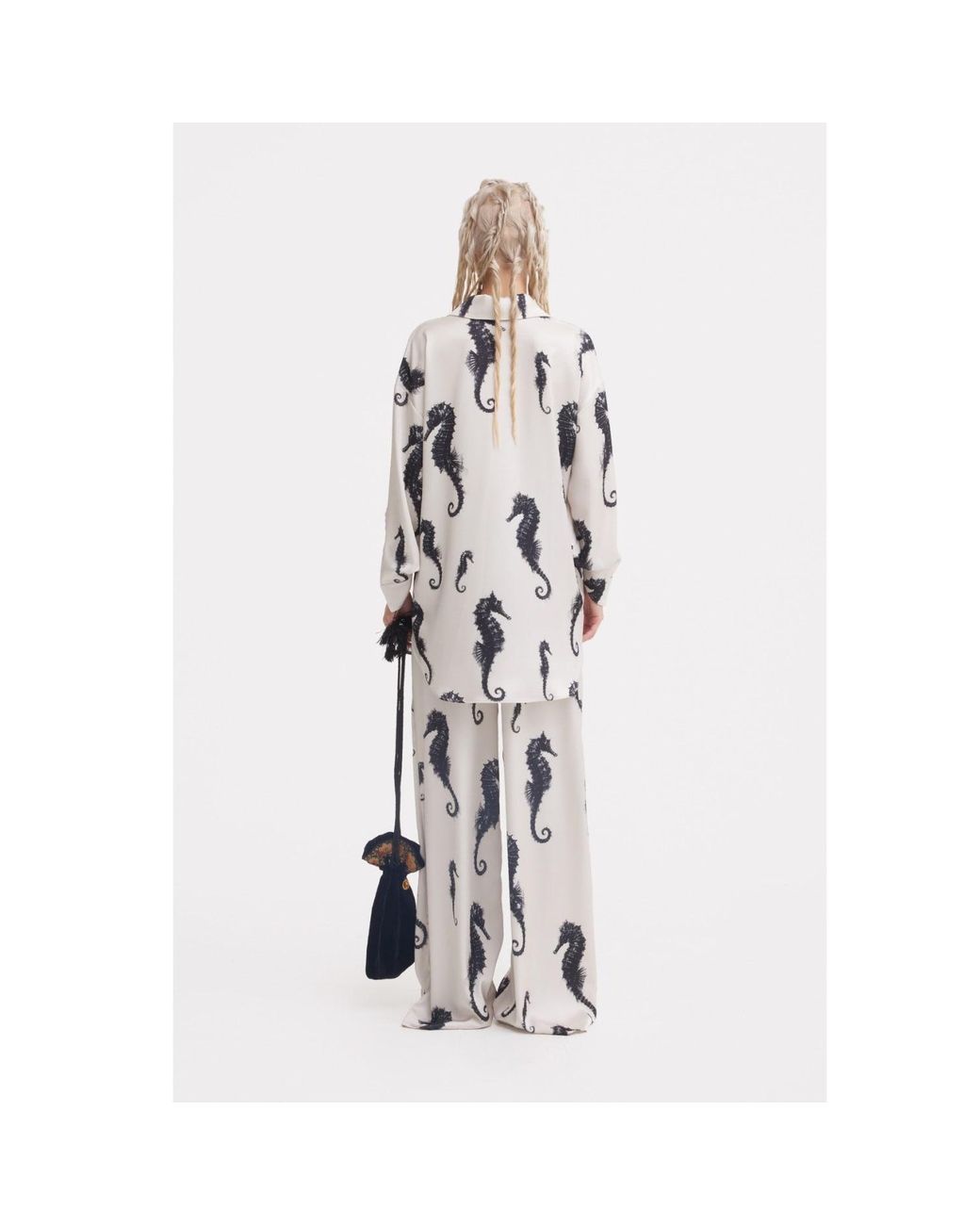 Julia Allert Gray Seahorse Print Oversized Shirt & Paperbag Palazzo Set – Ivory