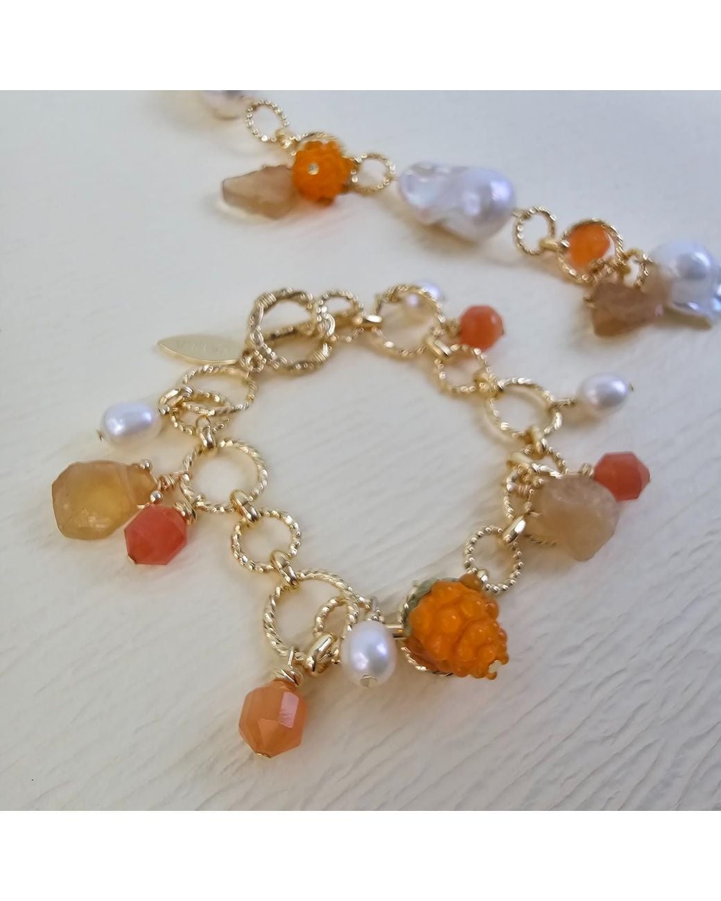 Farra Metallic Spring Garden Raspberry And Citrine Pearl Chain Bracelet