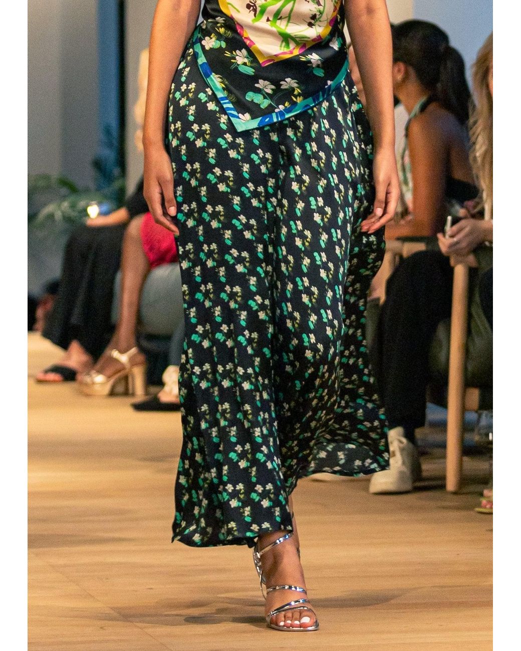 Lost Pattern Green Beach Blossom Satin Midi Skirt