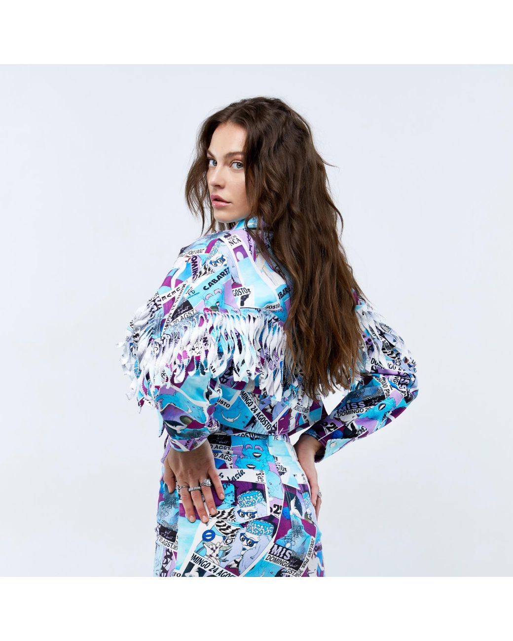 Brenda Agradi Blue Ibiza Style Printed Fringed Bomber Jacket