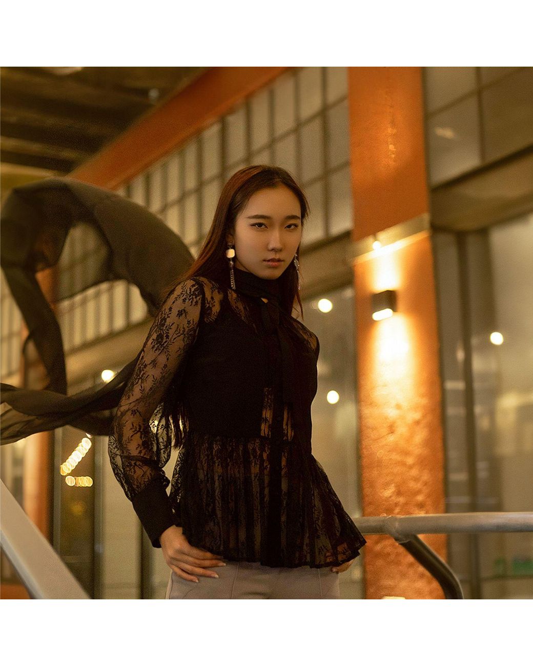 Solgo Atelier Black Laelia Pleated Lace Silk Blouse