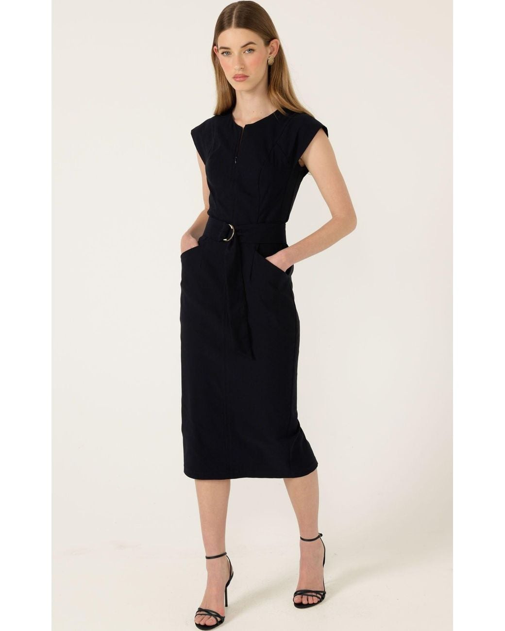 SACHA DRAKE Black Zip Front Stretch Fitted Midi Dress