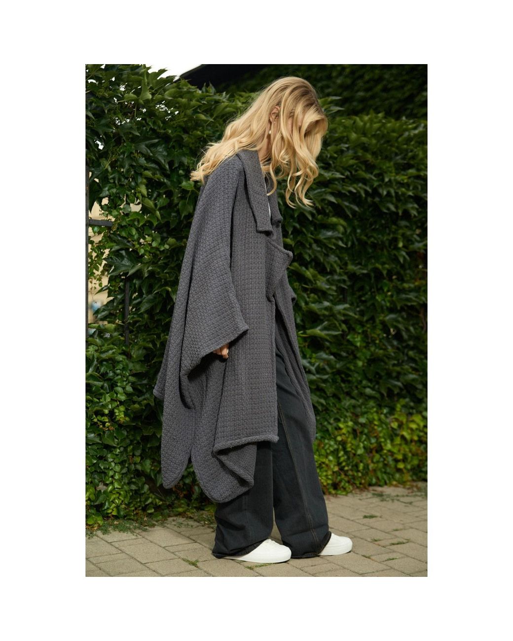 Saachi Blue Comfy Oversized Waffle Knit Collared Dark Jacket