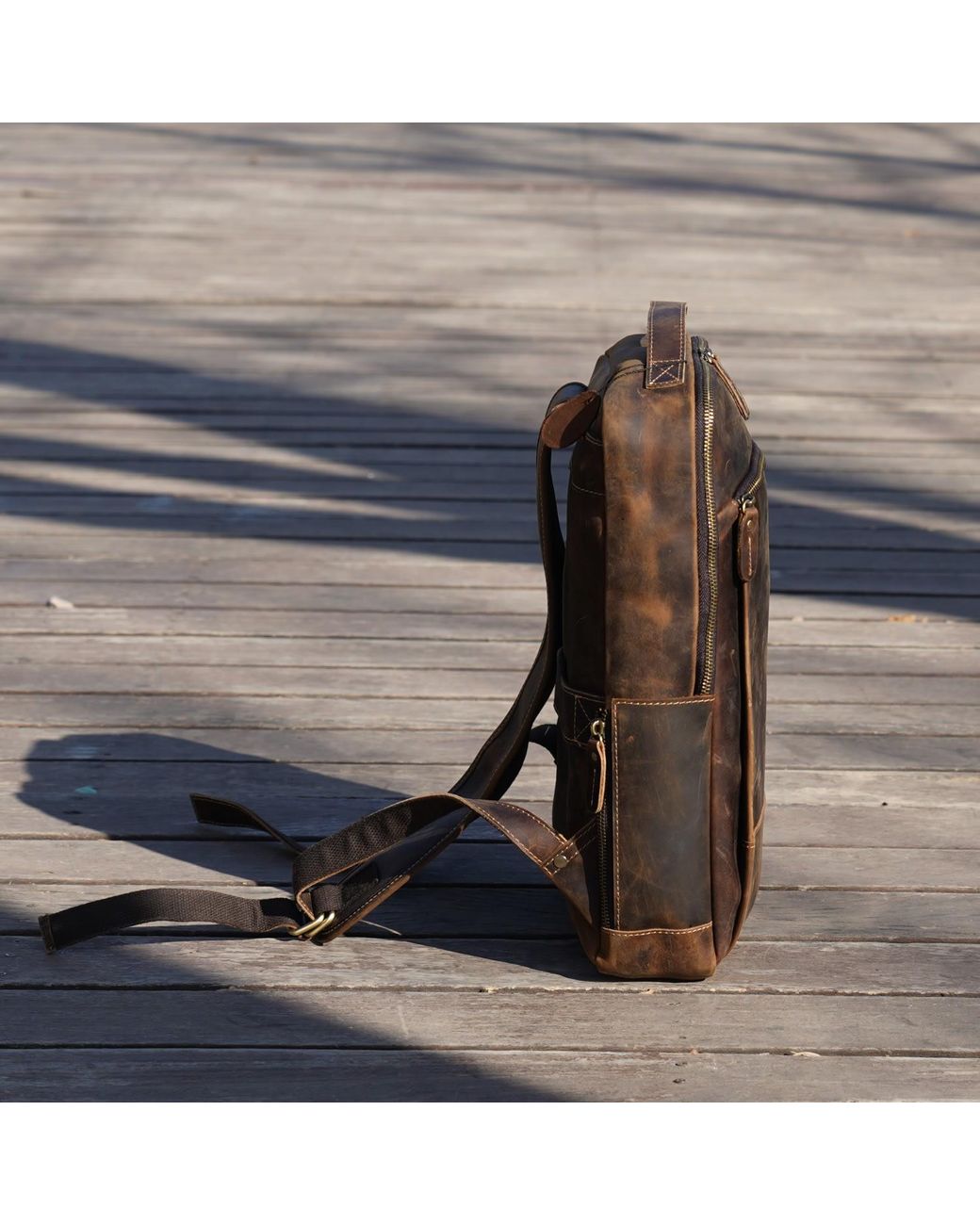 Touri Brown Minimalist Zip Open Leather Backpack