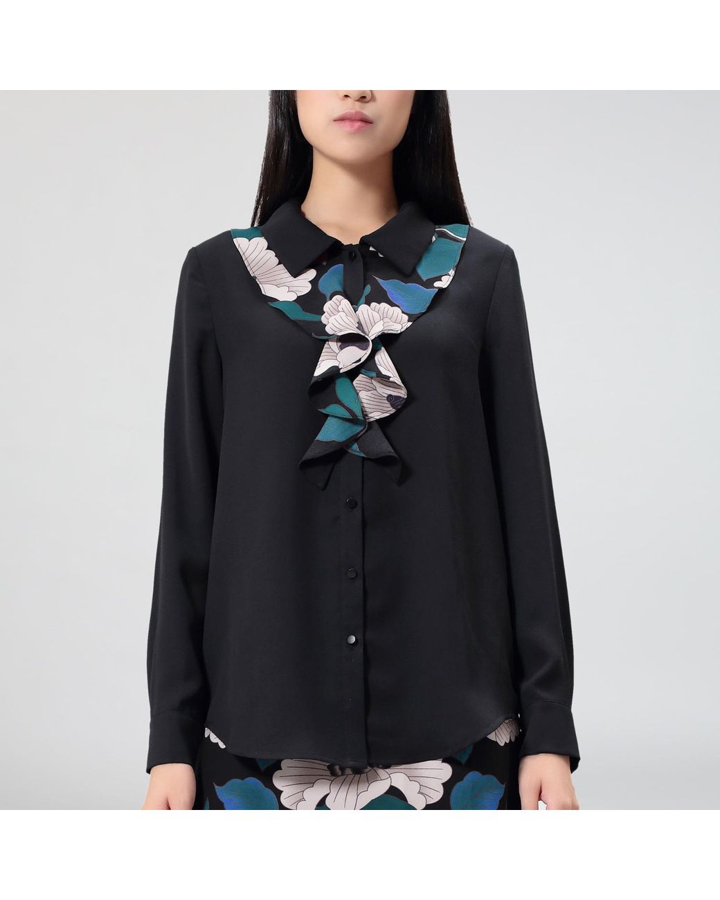 Smart and Joy Blue Flower Print Jabot Collar Blouse