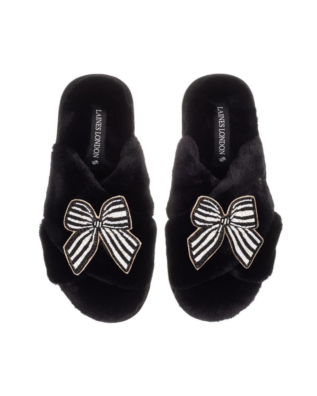 Laines London Black Classic Laines Slippers With Stripe Bow Brooches
