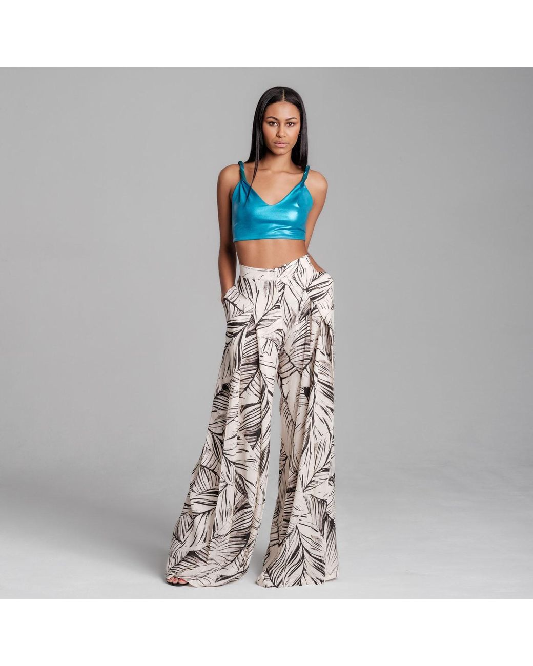 Imaatu Natural Neutrals Sande Tropical Print High-Waisted Wide-Leg Palazzo Pants Butter