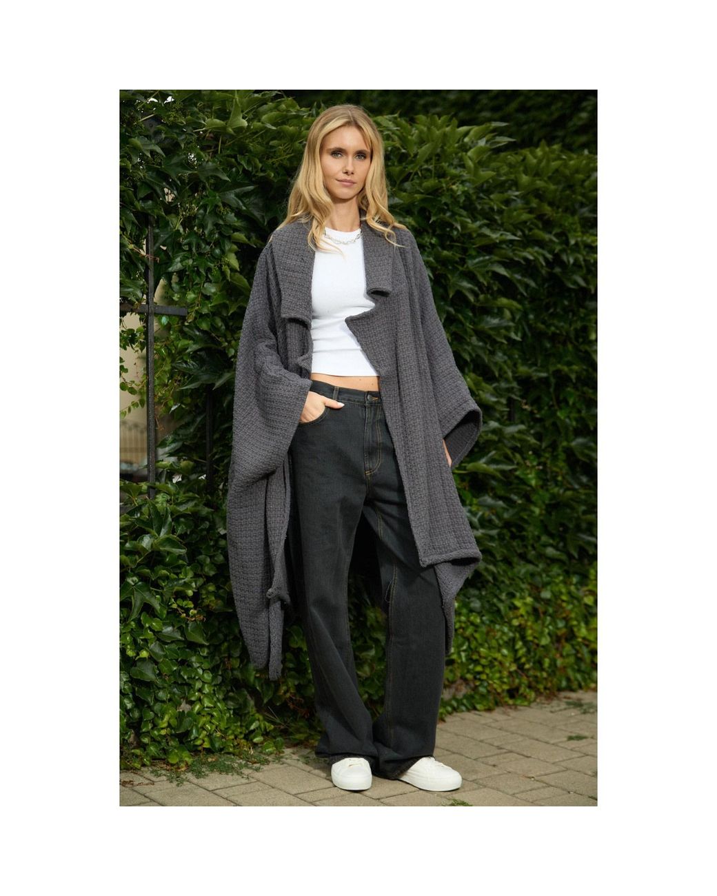 Saachi Blue Comfy Oversized Waffle Knit Collared Dark Jacket