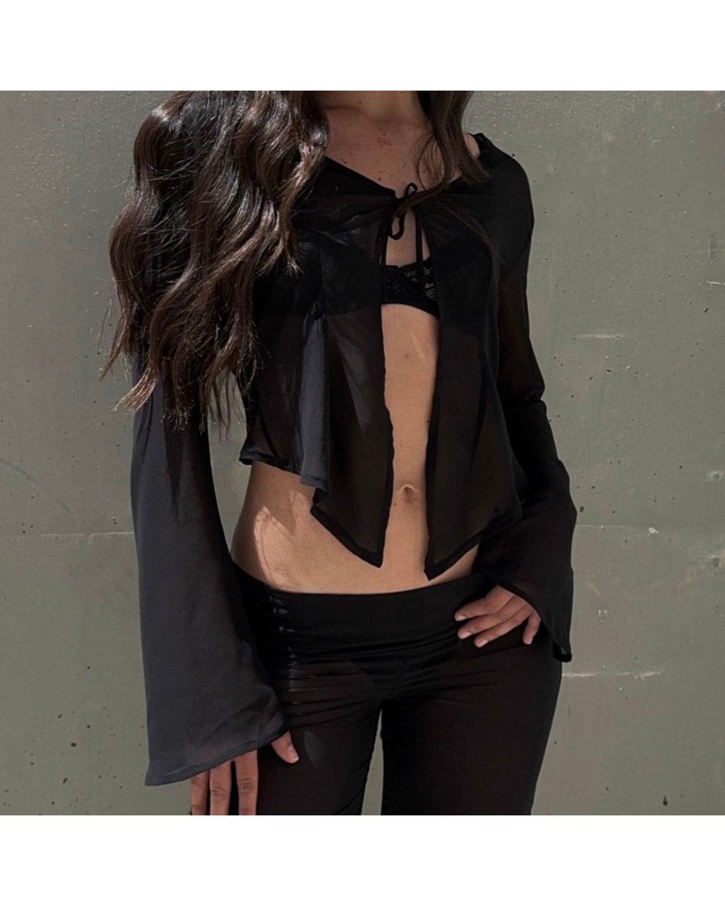 Amortizia Black Arsenic Blouse Sheer Flowy Long Sleeve Top